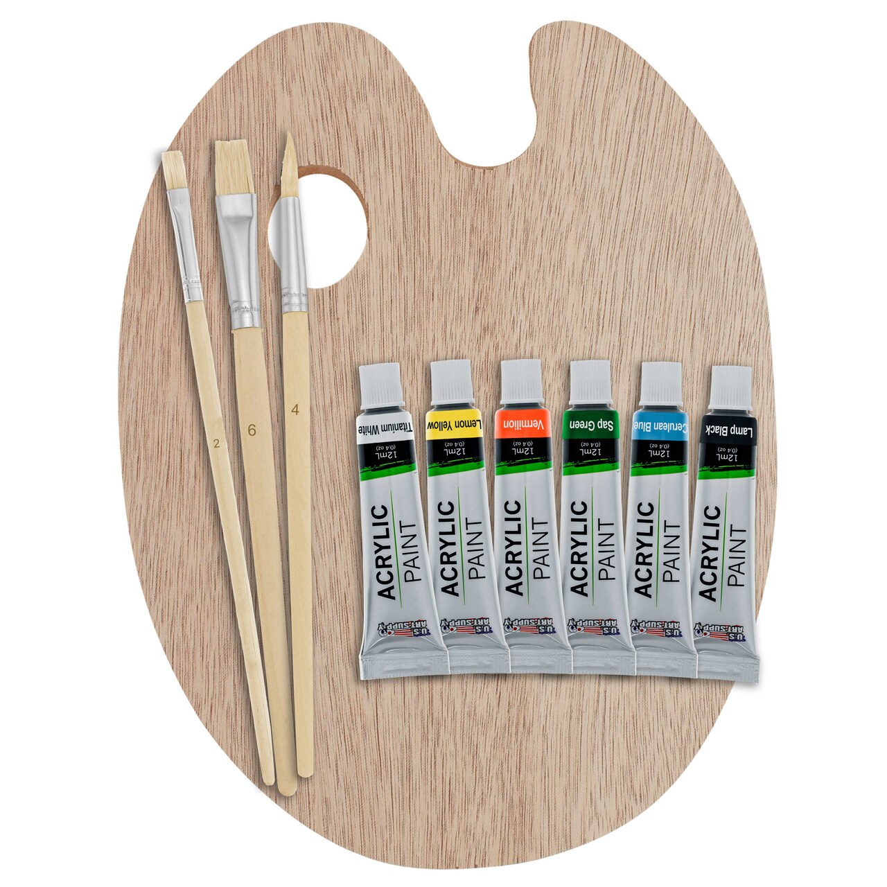 U.S. Art Supply Wood Painting Palette Set with 6-Piece Acrylic Paint Tubes and 3 Brushes - Artist Palette for Painting